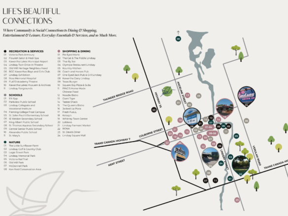 Stylized map highlighting various locations, including recreation, nature spots, shopping, dining, and services. Icons and labels show key points of interest along streets and highways with illustrations. Discover new homes in Brampton interspersed among lush trees and serene waterways.