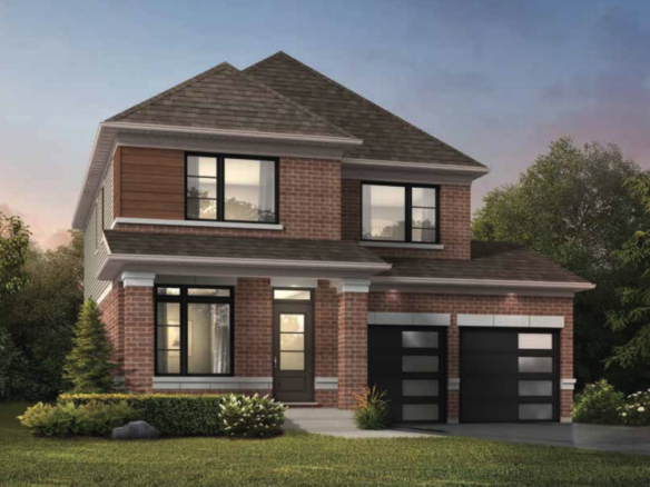 A modern two-story brick house with large windows and two sleek black garage doors stands elegantly. Surrounded by lush greenery, including grass and trees, it offers a serene retreat under a clear dusk sky—an ideal choice for those exploring pre-construction homes.