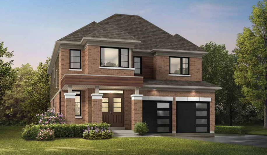 A two-story brick house with a gable roof boasts double garage doors and a small porch. Encircled by lush grass, bushes, and blooming flowers against a backdrop of trees beneath a clear sky, it exemplifies the serene allure of pre-construction homes.