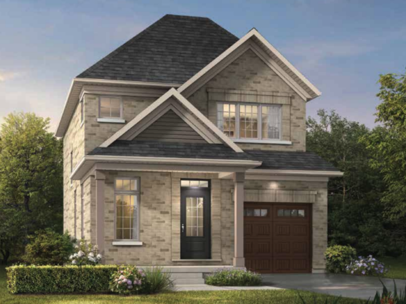 Discover this two-story house in Brampton, adorned with beige brick and gray siding, large windows, and a dark front door. The attached garage complements the well-kept lawn lined with shrubs and trees under a clear blue sky. Perfect as one of the new homes in this desirable area.