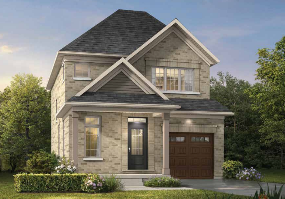 Discover this two-story house in Brampton, adorned with beige brick and gray siding, large windows, and a dark front door. The attached garage complements the well-kept lawn lined with shrubs and trees under a clear blue sky. Perfect as one of the new homes in this desirable area.