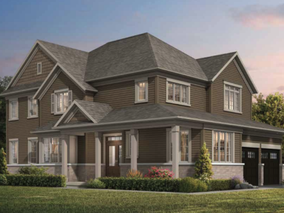 A charming two-story, brown wooden house with a gabled roof and double garage. It boasts large windows and a front porch. Surrounded by lush greenery and a well-maintained lawn, this new home offers serene sunset views in the backdrop.