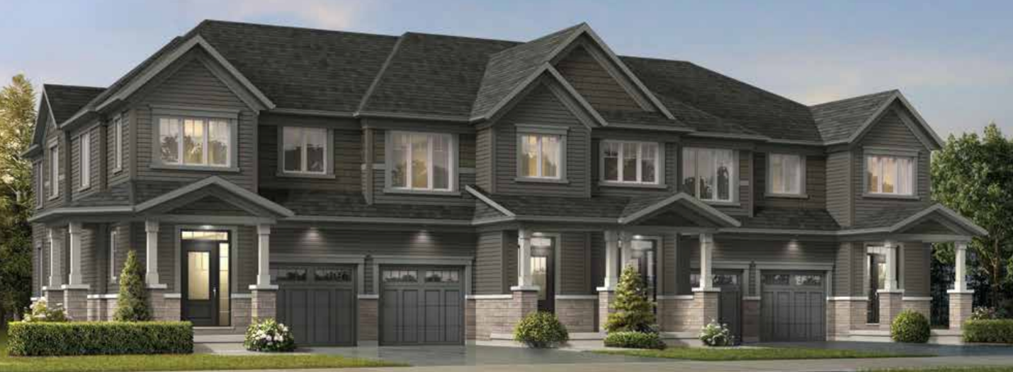 A modern townhouse complex in Brampton with four connected units, each boasting a garage, a front porch, and multiple windows. The exterior showcases a gray and stone color scheme with small shrubs and trees in front. The clear sky suggests it’s a sunny day—ideal for new home seekers. A modern townhouse complex in Brampton with four connected units, each boasting a garage, a front porch, and multiple windows. The exterior showcases a gray and stone color scheme with small shrubs and trees in front. The clear sky suggests it's a sunny day—ideal for new home seekers.