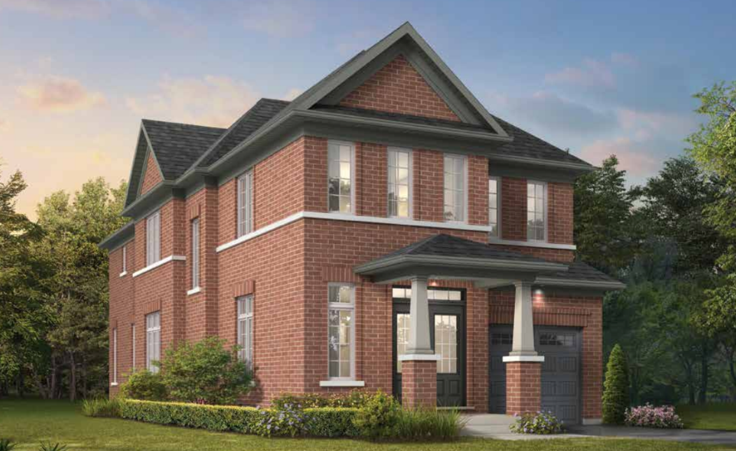 A charming two-story brick house with a dark roof and white-framed windows features a double garage. Surrounded by lush greenery and shrubs under a clear sky, it offers the allure of new homes in Brampton for those seeking modern comfort in a picturesque setting.