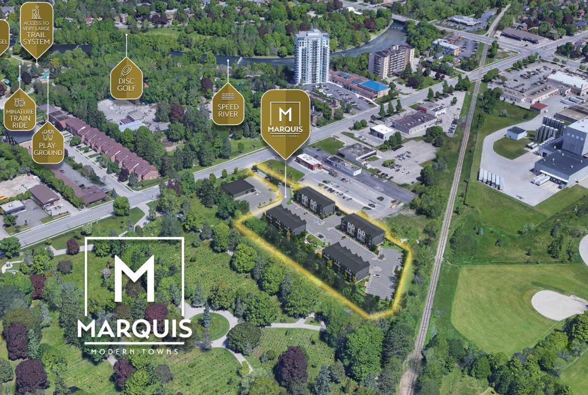 Aerial view of a residential area featuring the planned development "Marquis Modern Towns." Nearby amenities include a golf course, splash pad, disc golf, river, and sports courts. Surrounded by green landscapes and buildings, this location offers pre-construction homes with stunning views.
