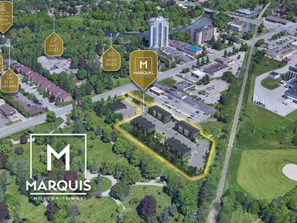 Aerial view of a residential area featuring the planned development "Marquis Modern Towns." Nearby amenities include a golf course, splash pad, disc golf, river, and sports courts. Surrounded by green landscapes and buildings, this location offers pre-construction homes with stunning views.