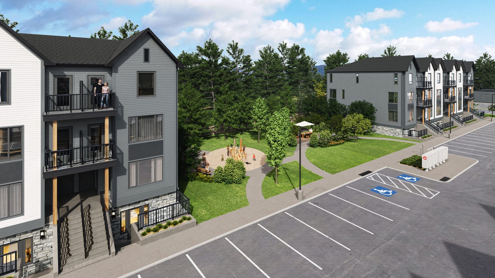 A birds-eye view of a modern apartment complex featuring multiple three-story buildings showcases new homes. A small park with a playground is situated between the buildings. In the foreground, a parking lot includes marked accessible spaces, while trees border this inviting area. A birds-eye view of a modern apartment complex featuring multiple three-story buildings showcases new homes. A small park with a playground is situated between the buildings. In the foreground, a parking lot includes marked accessible spaces, while trees border this inviting area.