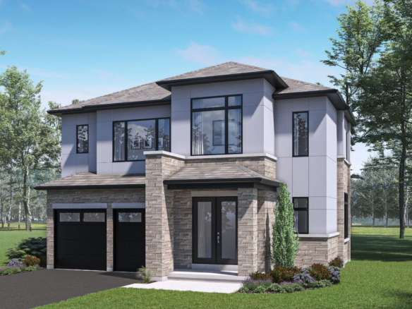 A modern two-story house in Mayfield Village features large windows, stone accents, and two black garage doors. Surrounded by trees under a clear blue sky, it boasts a well-maintained lawn and small bushes in the front.