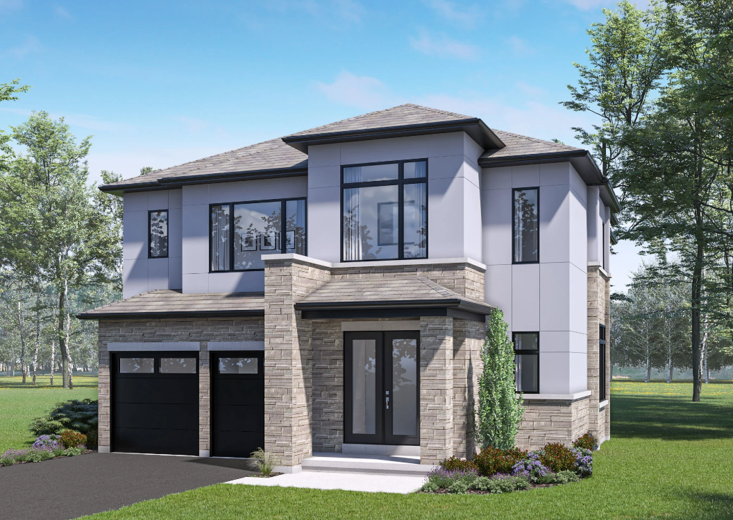 A modern two-story house in Mayfield Village features large windows, stone accents, and two black garage doors. Surrounded by trees under a clear blue sky, it boasts a well-maintained lawn and small bushes in the front.