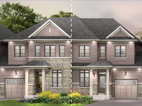 A semi-detached house with a brick and stone facade. Each unit features a garage, front porch, and generous windows. The surroundings boast lush greenery and flowering plants, under an overcast sky suggesting early evening. Perfect for those exploring pre-construction homes.