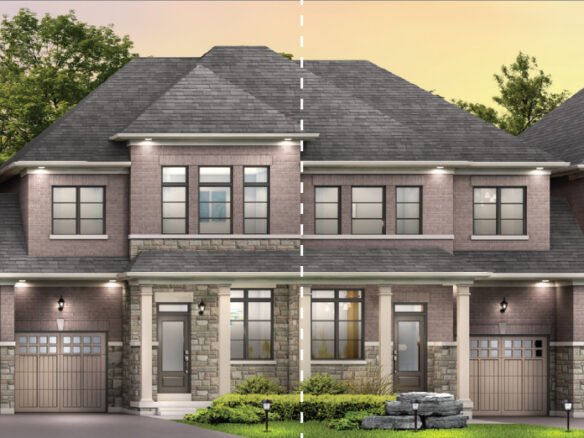 A digitally rendered image of new condos in the GTA, featuring a two-story duplex with gray roofs and brick exteriors. Each side boasts a garage and large windows. A dotted line divides the building symmetrically, nestled among greenery under a warm sky.