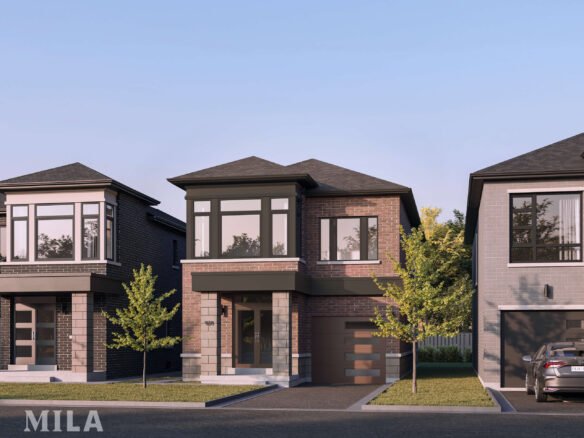 A row of modern two-story houses with brick and dark siding exteriors, each featuring large windows and a small front lawn with a young tree. The clear sky and bright daylight enhance the appeal of these new homes in Brampton.