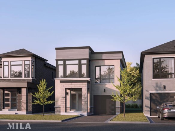 This modern two-story house with large windows and an attached garage showcases a facade of stone and dark gray materials. Nestled among similar properties, this new home features small trees in front and a neatly paved driveway, embodying contemporary design.