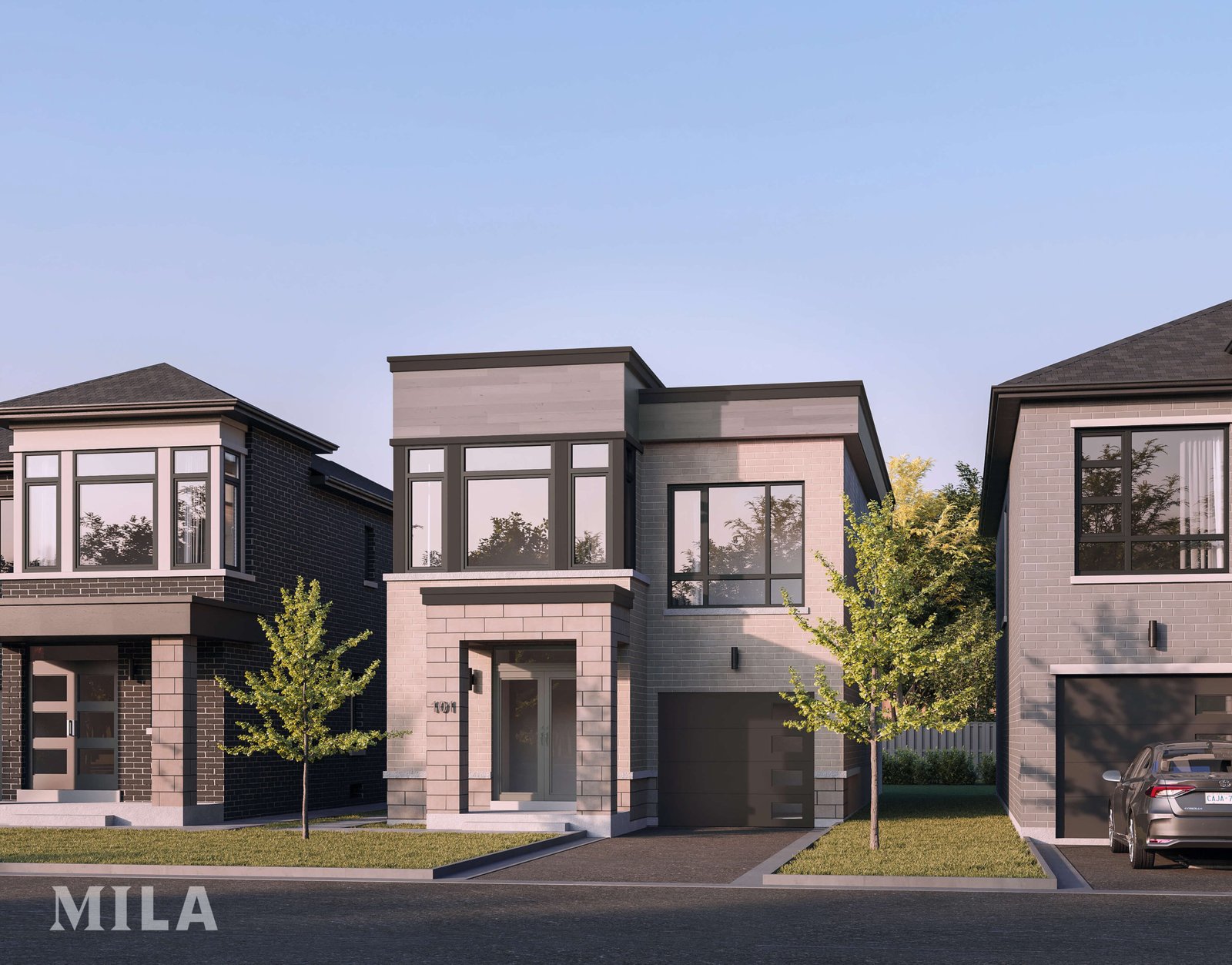 This modern two-story house with large windows and an attached garage showcases a facade of stone and dark gray materials. Nestled among similar properties, this new home features small trees in front and a neatly paved driveway, embodying contemporary design.