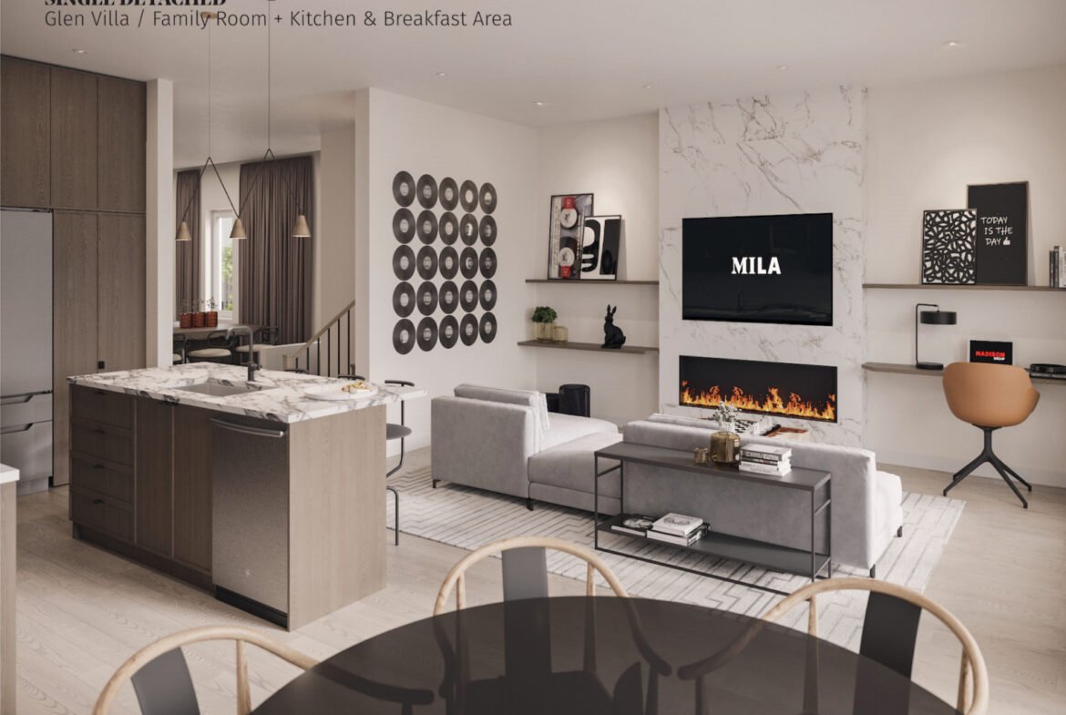 Discover this modern family room in a new home, featuring a sleek kitchen with a marble island. Comfortable gray sofas complement the wall-mounted TV above the fireplace. Decor highlights circular vinyl records and books, with an open concept dining area in warm, neutral tones.