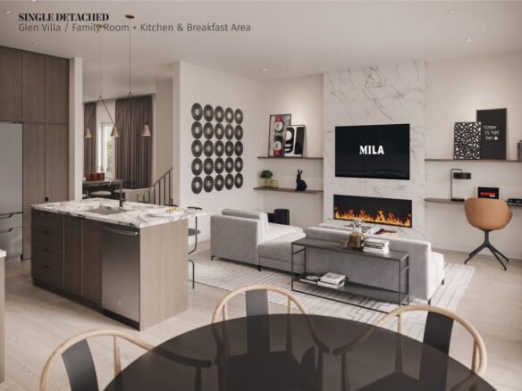 Discover this modern family room in a new home, featuring a sleek kitchen with a marble island. Comfortable gray sofas complement the wall-mounted TV above the fireplace. Decor highlights circular vinyl records and books, with an open concept dining area in warm, neutral tones.