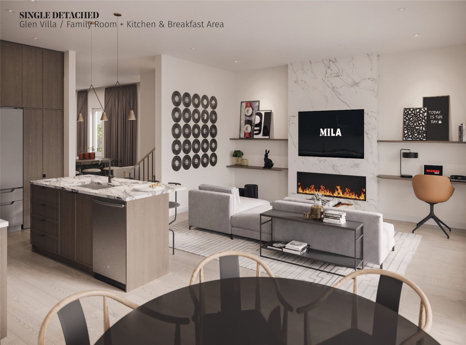 Discover this modern family room in a new home, featuring a sleek kitchen with a marble island. Comfortable gray sofas complement the wall-mounted TV above the fireplace. Decor highlights circular vinyl records and books, with an open concept dining area in warm, neutral tones.