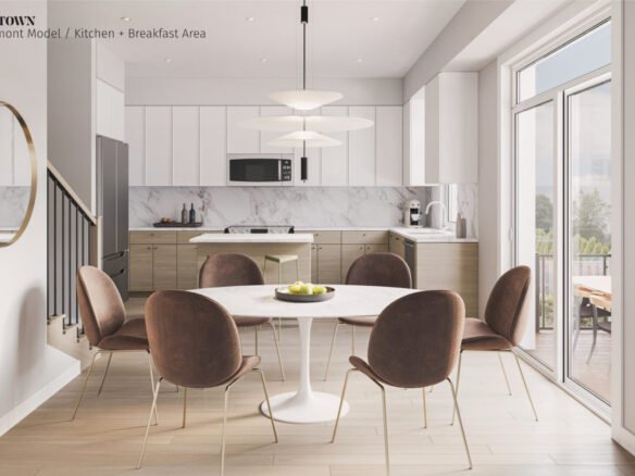A modern kitchen and breakfast area featuring light wood floors, a round white table, and six brown upholstered chairs. Stainless steel appliances and white cabinets complement the marble backsplash. Large windows and a sliding door provide natural light, perfect for those seeking new condos in GTA.