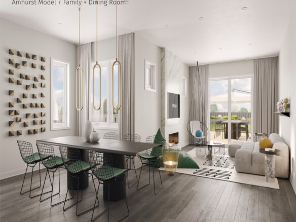 A modern family and dining room showcases a large dining table with black chairs, a light grey sofa adorned with cushions, and a wall-mounted TV. Decorative wall art, pendant lights, and large windows enhance the ambiance. Perfect for new homes in vibrant communities like Brampton.