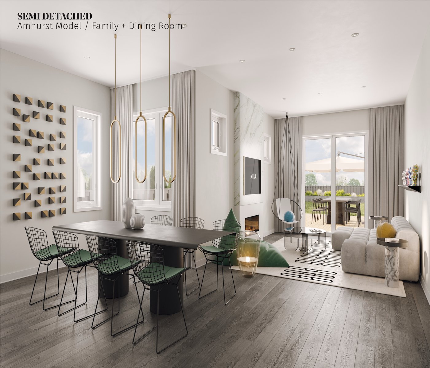 A modern family and dining room showcases a large dining table with black chairs, a light grey sofa adorned with cushions, and a wall-mounted TV. Decorative wall art, pendant lights, and large windows enhance the ambiance. Perfect for new homes in vibrant communities like Brampton.