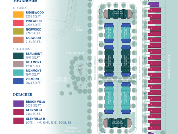 Explore the site map of the MILA residential area, showcasing townhomes and detached homes with a color-coded key. It includes road names, utility symbols, and a north arrow. Future park and residential areas are marked, perfect for those interested in pre-construction homes.