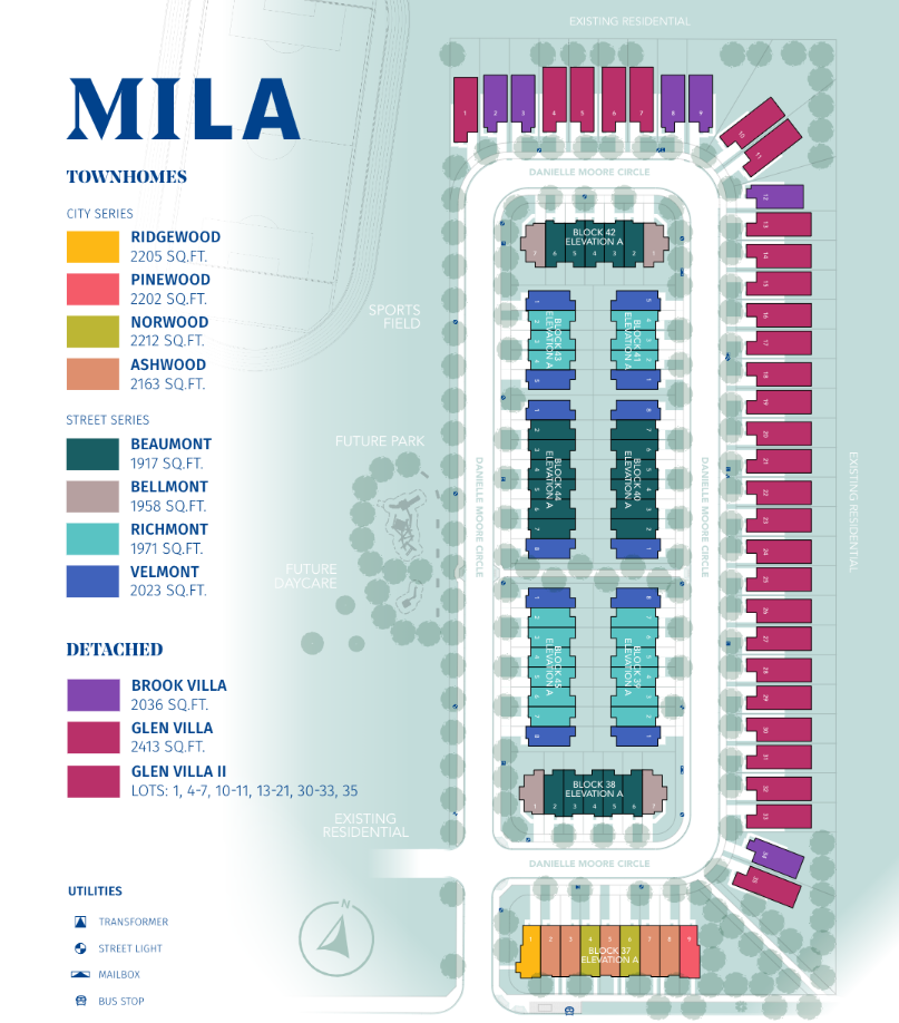 Explore the site map of the MILA residential area, showcasing townhomes and detached homes with a color-coded key. It includes road names, utility symbols, and a north arrow. Future park and residential areas are marked, perfect for those interested in pre-construction homes.