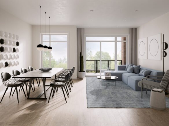 A modern living and dining area featuring a long table with black chairs, a blue sectional sofa, and minimalist decor offers the perfect setting in new homes in Brampton. Large windows bring natural light, while neutral tones with hints of greenery and abstract wall art complete the space.