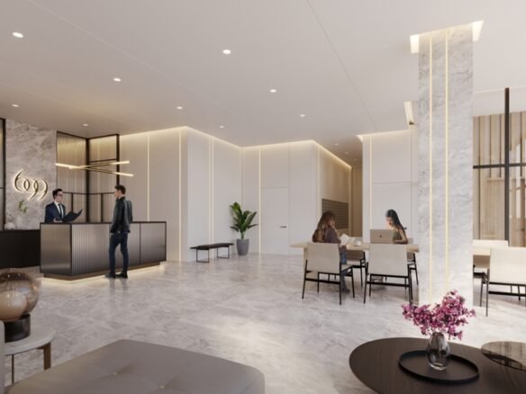 A modern hotel lobby with a marble floor, reception desk on the left, and people sitting at tables on the right. The minimalist design, soft lighting, and decorative plants create an inviting atmosphere. Large windows allow natural light to fill the area, reminiscent of new condos in GTA for those seeking elegance.