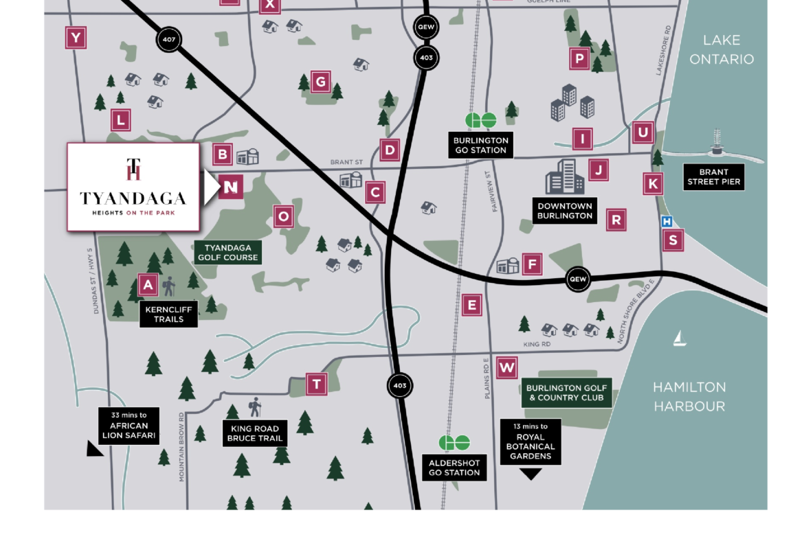 Discover the detailed map of Tyandaga, Burlington, Ontario, highlighting roads, parks, and landmarks. Key sites like Burlington Golf & Country Club and Hamilton Harbour are featured. The map includes labeled areas such as F, G, N, Q, and E. Explore the allure of new homes in Toronto while navigating this vibrant region.