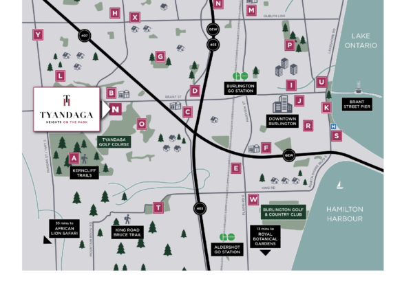 Discover the detailed map of Tyandaga, Burlington, Ontario, highlighting roads, parks, and landmarks. Key sites like Burlington Golf & Country Club and Hamilton Harbour are featured. The map includes labeled areas such as F, G, N, Q, and E. Explore the allure of new homes in Toronto while navigating this vibrant region.