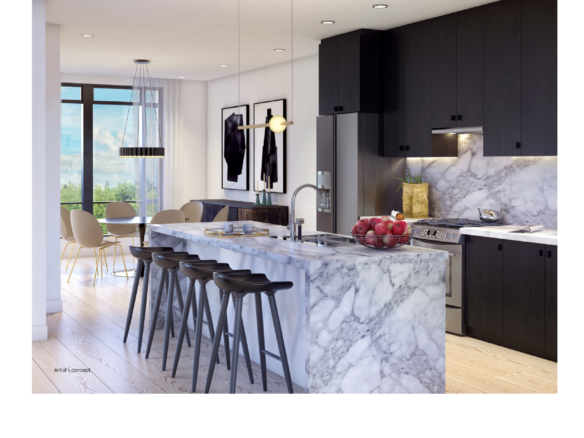 Modern kitchen interior with marble countertops and island, black cabinets, and wooden bar stools. A dining table by large windows offers a view of greenery. Pendant lights hang from the ceiling, adding elegance to this space in new homes in Toronto.
