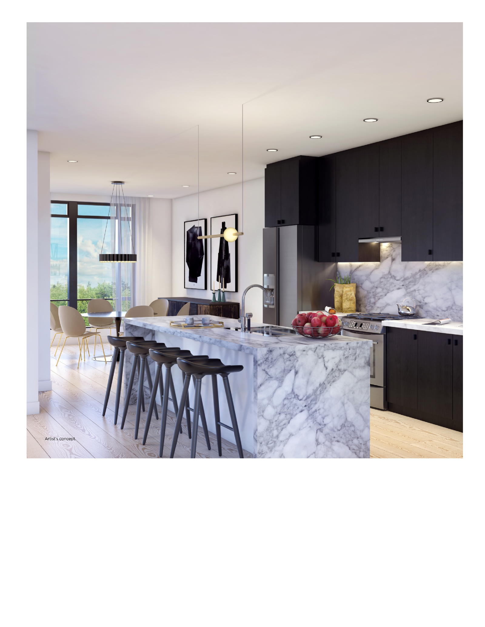 Modern kitchen interior with marble countertops and island, black cabinets, and wooden bar stools. A dining table by large windows offers a view of greenery. Pendant lights hang from the ceiling, adding elegance to this space in new homes in Toronto.