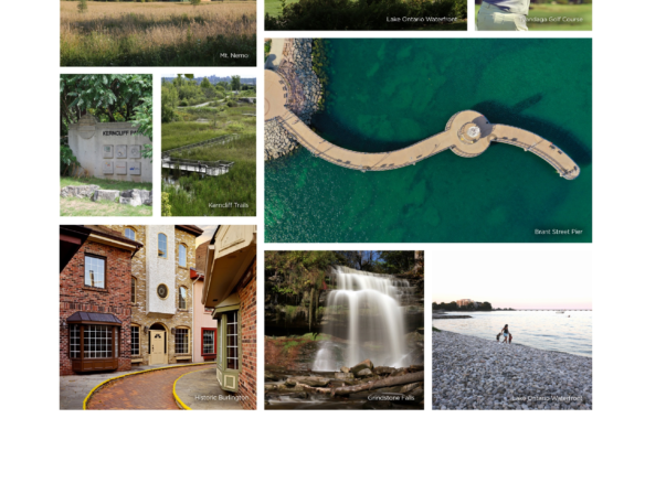 A collage of outdoor scenes: a hillside cabin, lake walkway, golfer swinging, Stonehill Winery sign, Brant Street Pier aerial view, Lakeside Shopping, Greeter Falls, and a person walking on the beach. Perfect for those exploring new homes and enjoying nature's diverse landscapes.