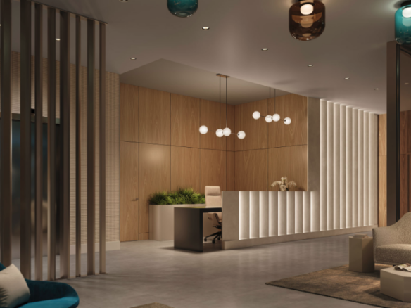 A modern lobby with wooden accents and contemporary lighting welcomes visitors. Sleek chairs, a desk adorned with plants and a computer, and geometric ceiling lights create a sophisticated atmosphere. The calm space's blend of blue and neutral tones is reminiscent of new homes' elegant designs.