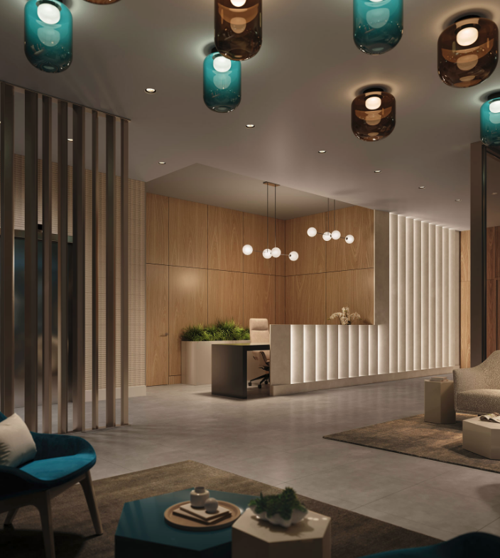 A modern lobby with wooden accents and contemporary lighting welcomes visitors. Sleek chairs, a desk adorned with plants and a computer, and geometric ceiling lights create a sophisticated atmosphere. The calm space's blend of blue and neutral tones is reminiscent of new homes' elegant designs.