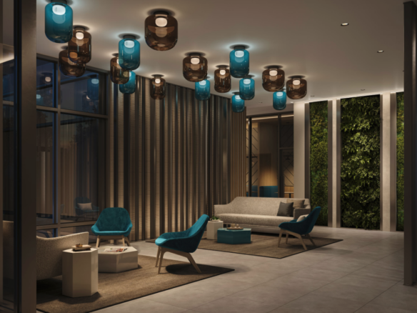 The modern lobby boasts contemporary furniture, featuring blue and brown chairs, sofas, and small tables on a tiled floor. The ceiling showcases blue and brown pendant lights, while a vertical garden enhances one wall's elegance. Explore the charm of new homes in Toronto with this inviting design.