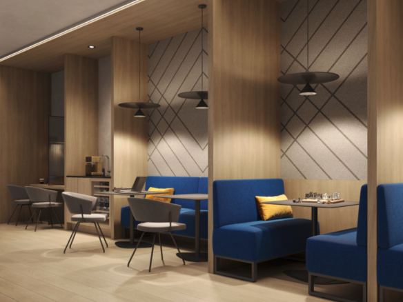 A modern lounge area with wooden interiors features blue booths with yellow cushions, round tables, and gray chairs. Geometric wall patterns and pendant lights create a cozy ambiance, perfect for those exploring new homes in Toronto.