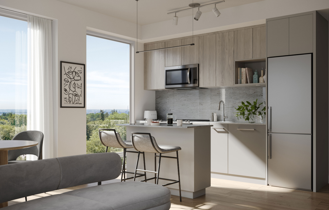 This modern kitchen interior features gray cabinets and a sleek island with barstools. A large window offers a view of greenery, while wall art and a potted plant add decorative touches. A micro-oven and stainless steel fridge complete the look, ideal for new homes with style-focused design. This modern kitchen interior features gray cabinets and a sleek island with barstools. A large window offers a view of greenery, while wall art and a potted plant add decorative touches. A micro-oven and stainless steel fridge complete the look, ideal for new homes with style-focused design.