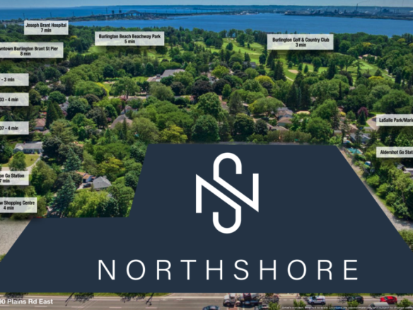 A map illustration highlights local landmarks with approximate travel times from a central point labeled "NORTHSHORE." Notable locations include a hospital, parks, shopping centers, and a golf course. The scenic landscape features new homes in Brampton against a backdrop of tranquil water.