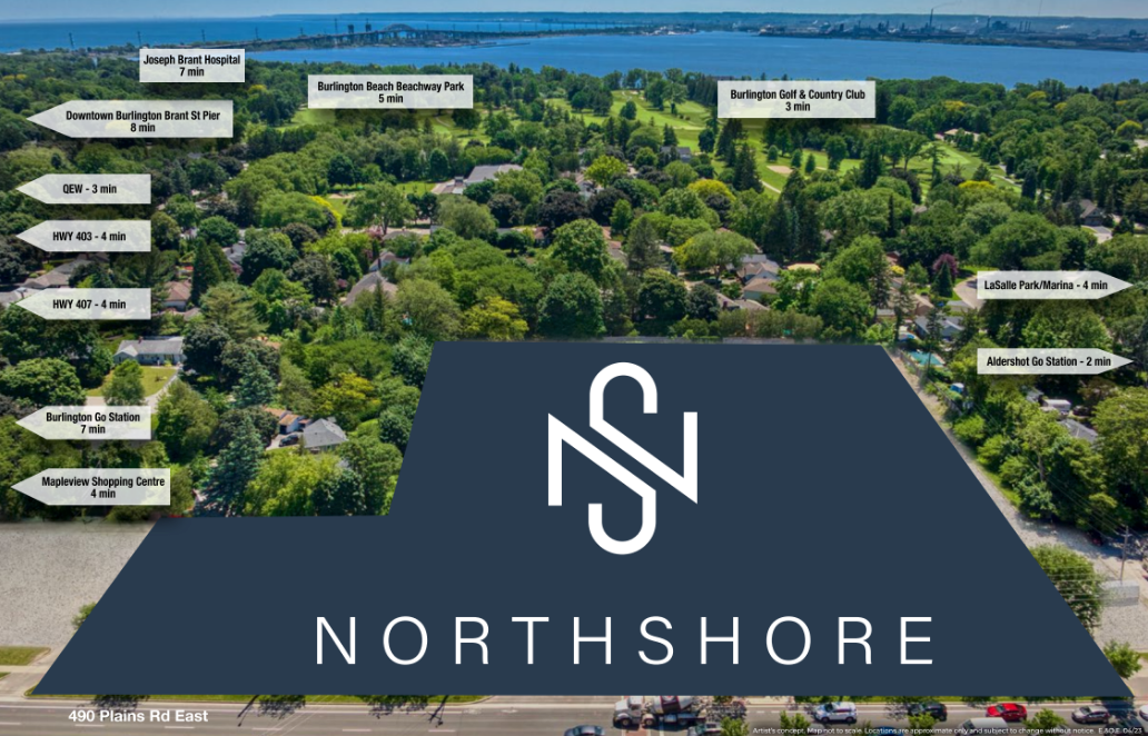 A map illustration highlights local landmarks with approximate travel times from a central point labeled "NORTHSHORE." Notable locations include a hospital, parks, shopping centers, and a golf course. The scenic landscape features new homes in Brampton against a backdrop of tranquil water.