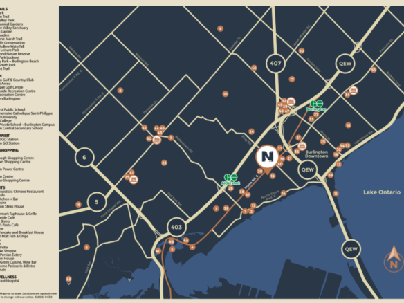Map highlighting downtown Burlington, Ontario, showcasing roads, parks, trails, recreation centers, educational institutions, transport hubs, shopping areas, restaurants, and health facilities. Lake Ontario is visible at the bottom along with major highways like QEW and 403. Explore new homes nestled in this vibrant area.
