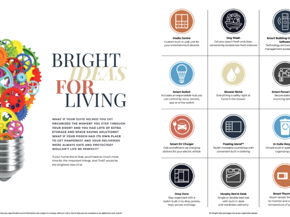 Illustration of a lightbulb filled with colorful gears next to the text "Bright Ideas for Living." On the right, discover innovative features like Media Centre, Dog Wash, and Smart Tech for better living. Perfect inspiration for those exploring new homes in Brampton or new condos in the GTA.