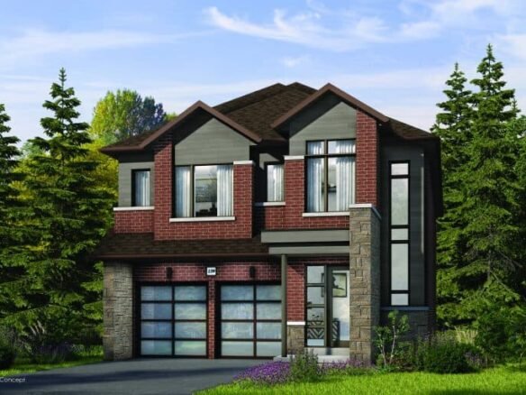 A two-story modern house with a mix of brick and stone facade, large windows, and a double garage. Nestled among tall green trees under a blue sky, it embodies the essence of Oakridge Green Homes in prime real estate.