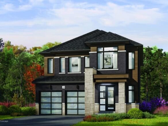 A modern two-story house with a dark gray roof and large windows stands as a testament to Oakridge's design. The exterior, featuring a blend of stone and wood siding, is surrounded by colorful trees and shrubs under a clear blue sky—a perfect example of Oakridge Green Homes' commitment to nature.