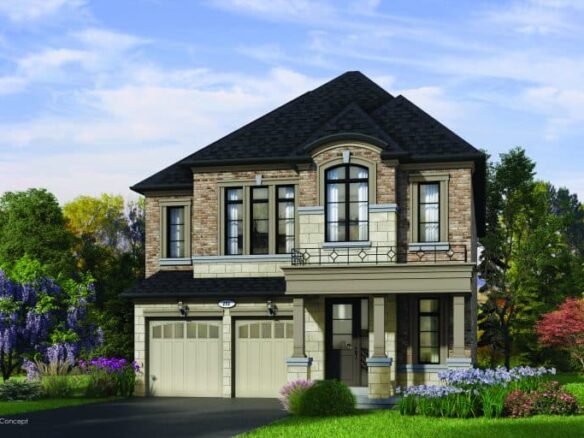 A two-story Oakridge Green Homes masterpiece with a brick and stone facade, large windows, and a double garage. The lush garden flourishes with colorful flowers and greenery under the clear blue sky.