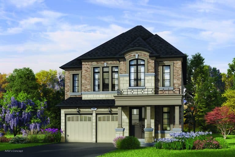 A two-story Oakridge Green Homes masterpiece with a brick and stone facade, large windows, and a double garage. The lush garden flourishes with colorful flowers and greenery under the clear blue sky.
