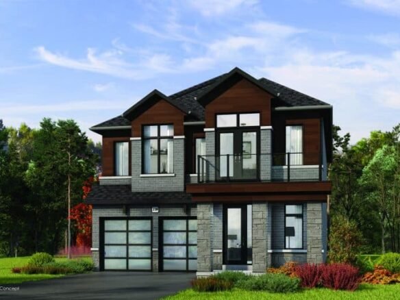 Located in the Oakridge community, this modern two-story house boasts a blend of stone and wood siding. With its large windows, balcony, and double garage, the home exemplifies Green Homes living amid a lush green lawn and trees beneath a clear blue sky.
