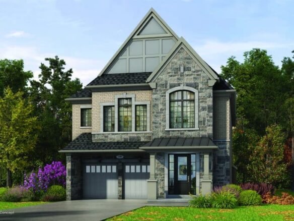 The two-story Oakridge Green Homes residence boasts a stone and brick exterior with a double garage and large windows. Its peaked roof is surrounded by trees, offering lush greenery alongside a tasteful garden of shrubs and flowers in the front yard.
