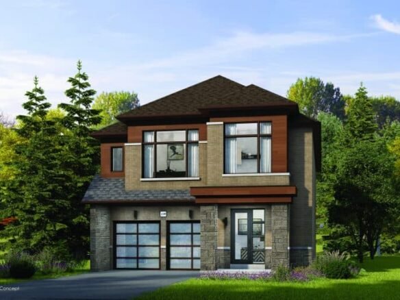 A modern two-story house with brick and wood accents, part of the Oakridge Green Homes development, features large windows and a double garage. It's surrounded by verdant trees and grass, with a clear blue sky above.