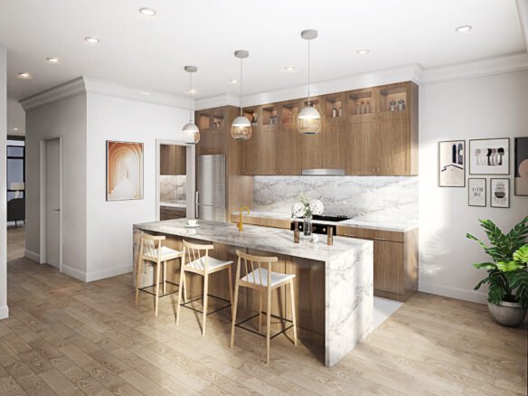 A modern kitchen in new condos in GTA features wooden cabinets and marble countertops. Three pendant lights hang above a large island with seating for three. Stainless steel appliances and framed artwork adorn the walls, while a potted plant sits in the corner.
